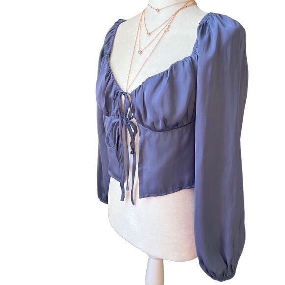 LA Hearts Pac Sun Tie Front Satin Long Sleeve Top blue size small - Picture 6 of 16